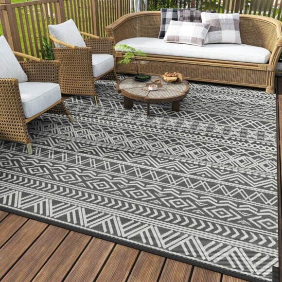 New 6x9 Waterproof Outdoor Rug, Reversible Boho Plastic Straw Patio Carpet - Picture 1 of 8